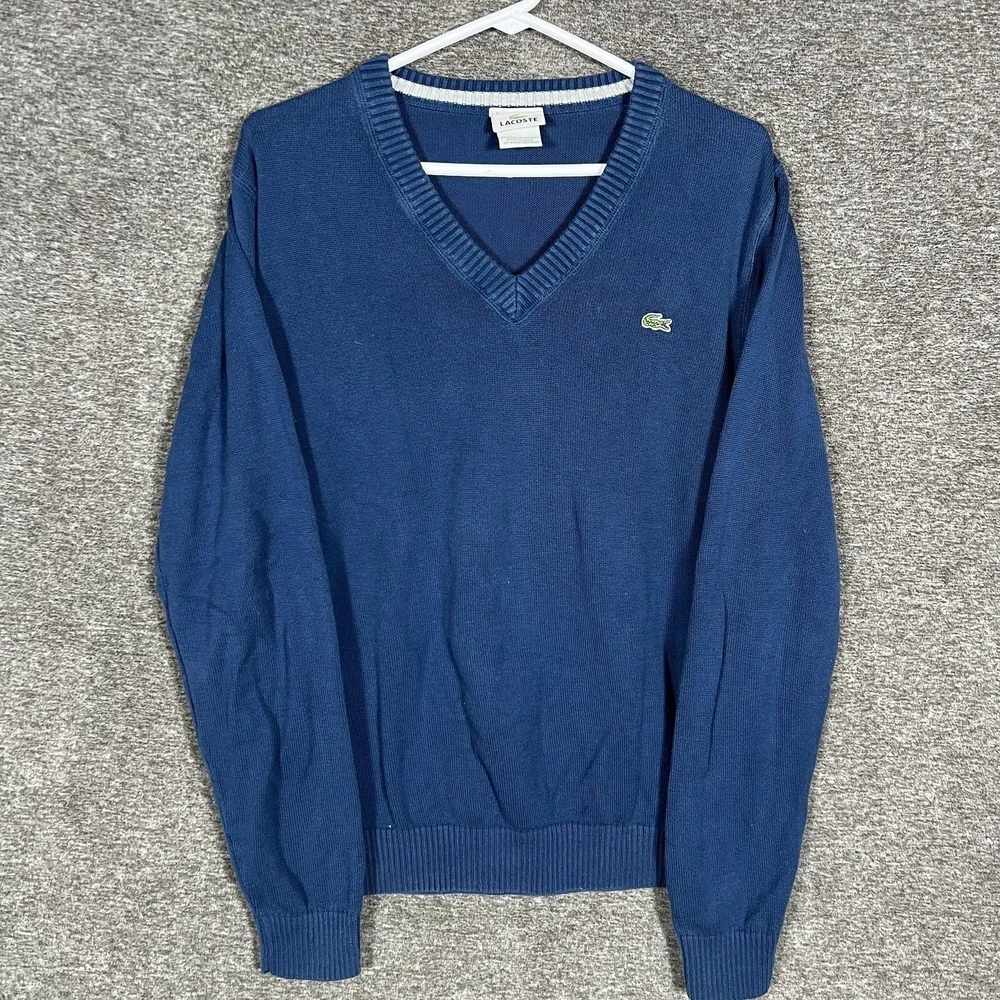 Lacoste Sweater Mens Small Blue V Neck 100%‎ Cotton Knit Pullover Classic